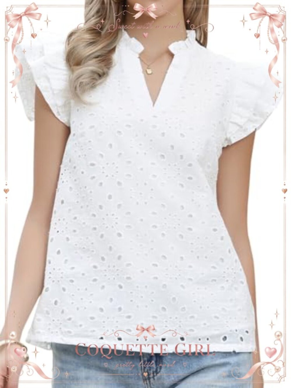 Eyelet Ruffle Sleeve Embroidered Cotton Blouse V-Neck Regular Fit
